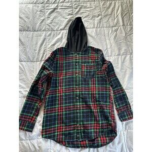 Art Class Boy’s Button-Down Hood Flannel Black w/ Multi-Color Plaid Size 16/18